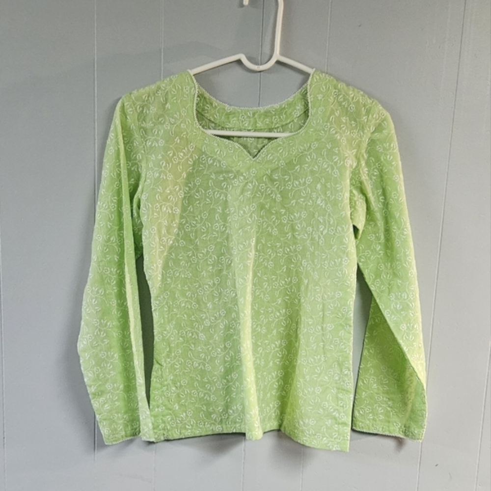 Green Embroidered 3/4 Sleeve Cotton Top